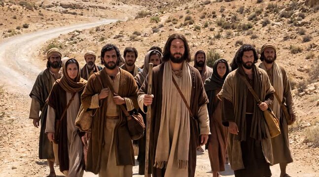Jesus leading his disciples along a clear path in the Judean desert.