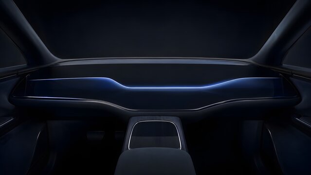 A futuristic dashboard with blue lighting is displayed inside a modern vehicle at night.