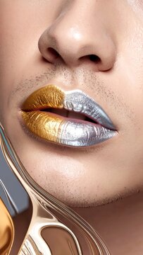 Close-up of lips painted gold and silver, face with stubble, distorted metallic effect
