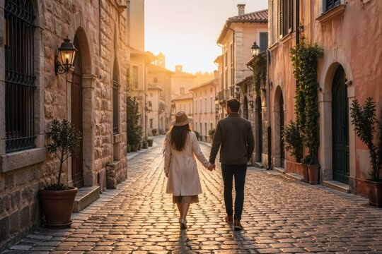 young couple walking hand in hand in charming european cobblestone street at golden hour