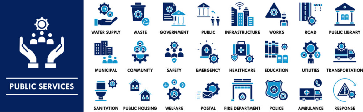 Public Services duotone icon collection set. Containing design service, public, work, office, business, government