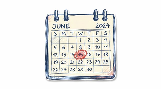 Hand drawn sketch style June 2024 wall calendar vector illustration showing date 15 circled in red mark for event reminder agenda schedule concept