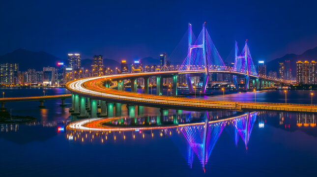 Brightly lit bridge at night with colorful reflections on water, urban cityscape photography.