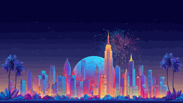 Vibrant cityscape with skyscrapers, palm trees, and fireworks explodes at dusk.