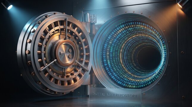 Open Bank Vault Door with Glowing Digital Binary Code Tunnel Representing Cybersecurity and Data Protection