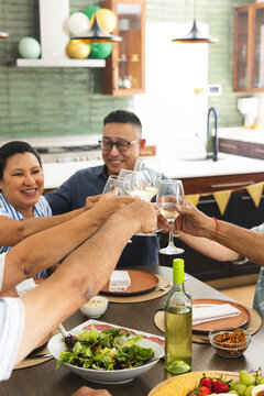 Diverse family and friends clinking wine glasses in home kitchen by white bottle green cap