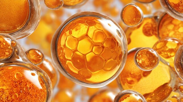 Spherical structures filled with golden amber material float within a microscopic environment