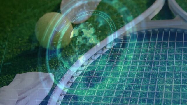 Racket and ball on turf, sports hologram appearing over strings, pulsing rings forming figure