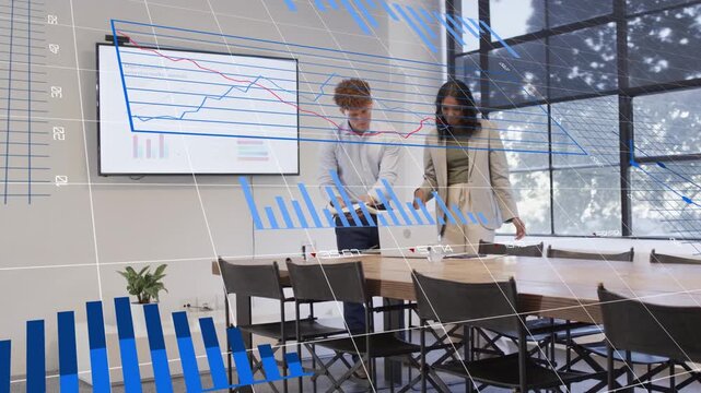 Colleagues placing laptop and papers, activating blue 3D charts and adjusting business presentation