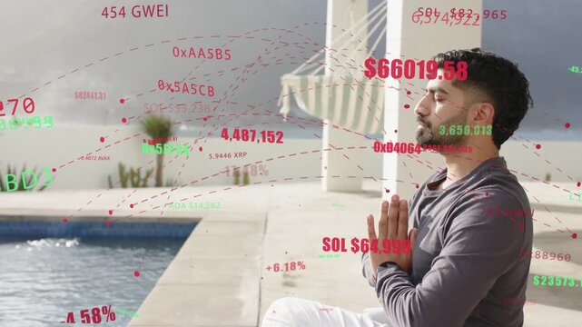 Man meditating pool deck, crypto prices appearing and streaming around him, showing market movement