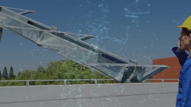 Worker taking call and checking solar rack on roof, animated overlay showing bracket adjusting