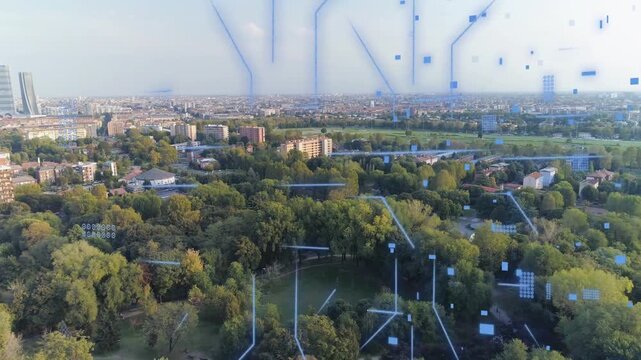 Drone scan starting, urban park showing blue circuit grids forming aligning dissolving for planning