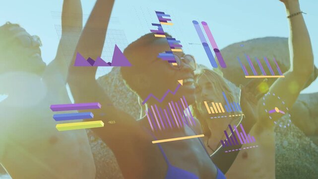 Central woman friends raising arms on ad shoot, camera moving closer as charts overlay torsos