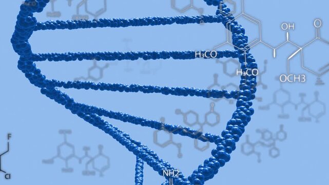 On play DNA double helix rotating and shifting while labels fading to visualize molecular structure