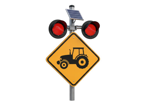 Yellow diamond road sign with tractor crossing signal lights