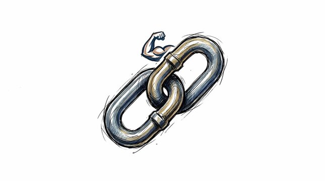 Hand-Drawn Vibrant Sketch of Interlocked Chain Links with a Flexed Bicep, Symbolizing Connection, Resilience, and Unwavering Strength