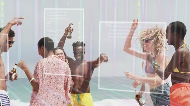 Seven friends arriving shore for leisure, raising bottles and dancing with data overlaying scene