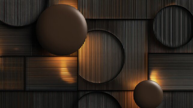 Dark geometric paneling featuring textured surfaces and subtle warm illumination creates a modern decorative background.