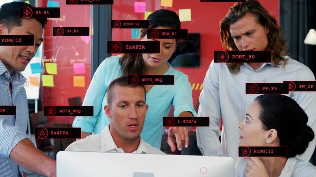 Lead tech at desk, woman stepping, pointing, red labels appearing on monitor, team parsing metrics