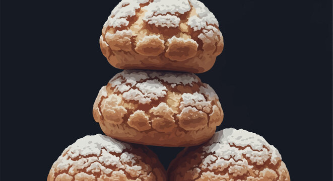 A close-up digital illustration of stacked French profiteroles or cream puffs with a textured craquelin topping, arranged in a pyramid formation against a dark background.