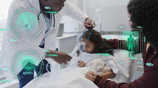 Doc grabbing mask, fitting tubing on kid while mom steadying for O2, with green medical overlaying