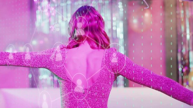 Music starting, woman rotating and lifting arm for party promo, network icons floating around woman