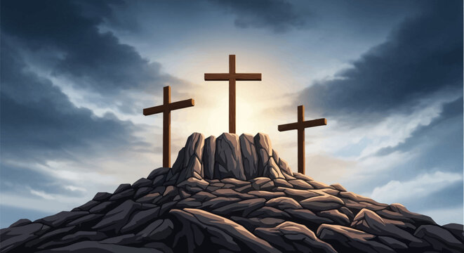 Three wooden crosses standing on a steep rocky hill against a dramatic cloudy sky with sunlight glowing from behind the central cross, representing Calvary or Golgotha.