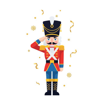 Traditional Christmas nutcracker toy soldier saluting, wearing a red jacket with gold epaulettes and a black shako hat, surrounded by festive golden confetti on a white background.