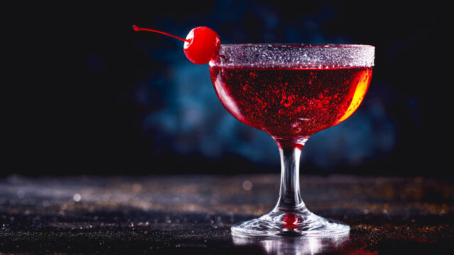 A premium cocktail served in an elegant coupe glass, the deep ruby red liquid shimmering softly from within, the rim of the glass lightly misted, a single glossy cherry garnish hanging gracefully.