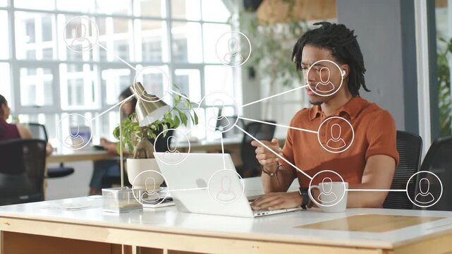 Tech worker typing to start call for update, gesturing and speaking while network nodes animating