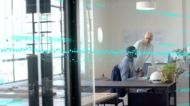 Female leaning over seated colleague, waveform highlighting construction plans, ending in agreement