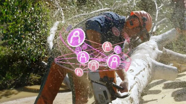 Man starting saw and cutting pale log, clearing shore while pink holo network centering over cut