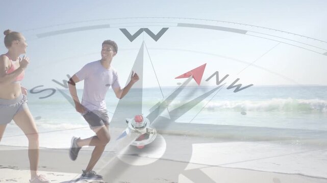Man starting left, joining woman, high-fiving, running, compass overlay rotating NW for fitness