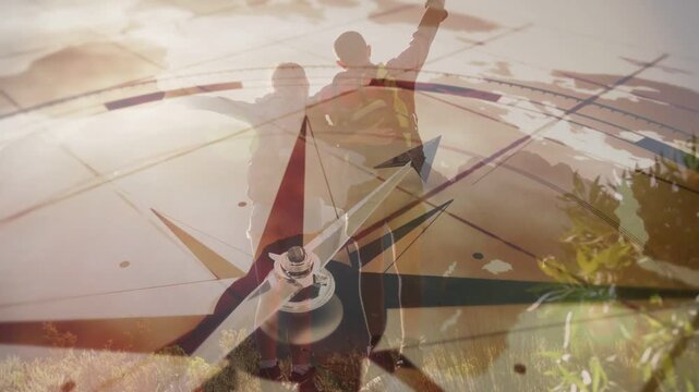 Couple walking sunlit trail, compass overlay appearing and spinning needle guiding travel arrival