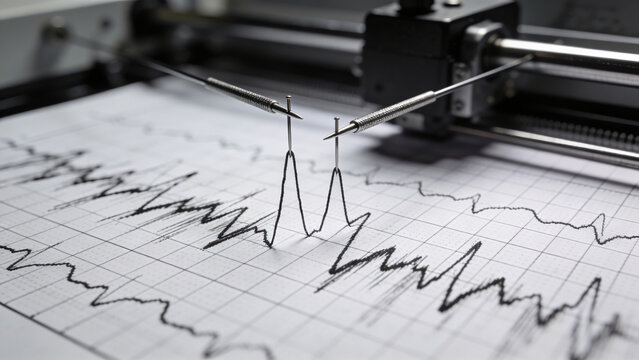Seismograph for earthquake detection or lie detector is drawing graph. 3D rendered illustration.