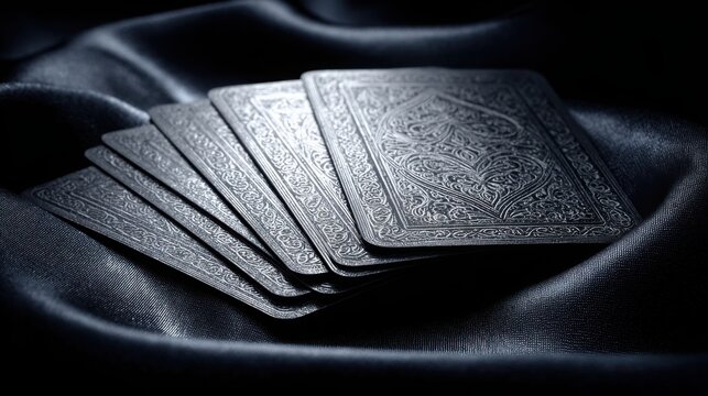 Intricately Embossed Foil Playing Cards Stacked on Dark Silk Fabric