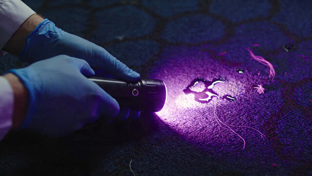 Close-up of a fresh pool of blood reflecting light on a dark textured concrete floor, cinematic lighting, crime scene and forensic thriller concept.