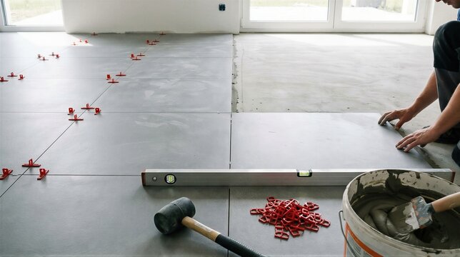 Tiler installing large gray ceramic tile on floor using plastic leveling spacer. Professional worker laying tile surface in house renovation. Construction industry and home improvement.