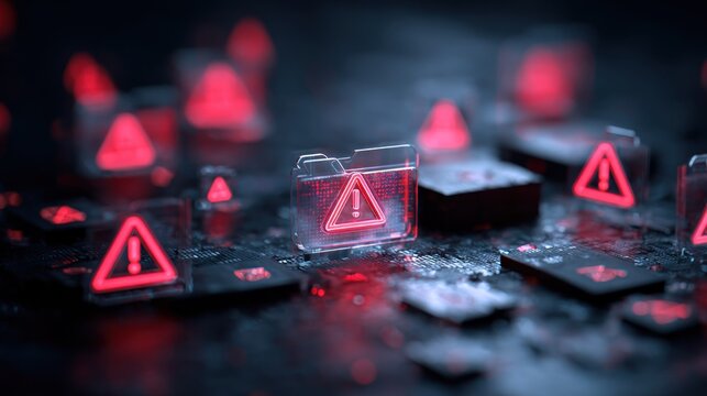 Numerous glowing red alert symbols surround a transparent digital file icon scattered across a dark surface.