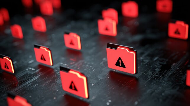 Multiple glowing red computer folders display warning symbols across a dark, textured surface.
