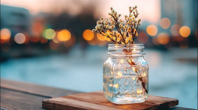 Glass jar holding delicate blossoms and fairy lights sits upon wooden surface with urban lights blurred in background