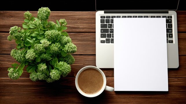 Overhead view captures essential workspace elements including a flowering plant, hot beverage, and open computer with blank paper