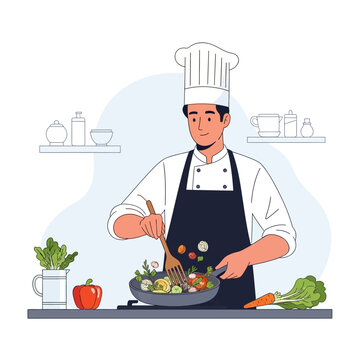 Chef cooking healthy food in a professional kitchen.