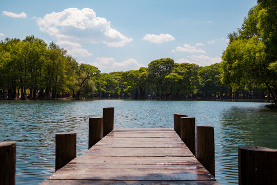 Muelle con el lago de camecuaro al fondo listo para disfrutar en medio del verano