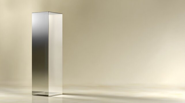 Tall rectangular plinth stands prominently in a softly lit  environment
