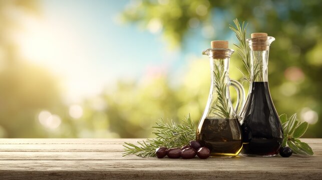 Glass cruets holding oil and dark vinegar rest on a wooden surface outdoors with herbs and olives