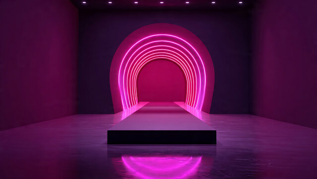 Vibrant pink neon arches forming a futuristic tunnel runway with reflective floor, dramatic lighting, ideal for tech events