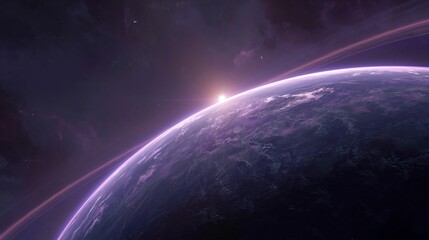Fototapeta premium Planet Sunrise in Deep Space With Purple Atmospheric Glow and Stars