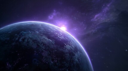 Obraz premium Blue Planet With Bright Sunrise and Purple Nebula in Outer Space