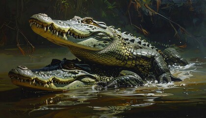 Obraz premium A painted illustration of two alligators overlapping in murky water, heads raised. The top reptile is larger
